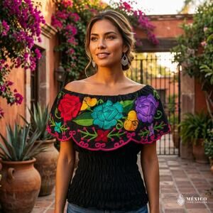 Mexican Chiapas blouse on;y  will fit XSMALL  S M elastic bodice Multicolor